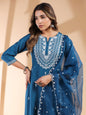 Janasya Dark Silk Blend Embroidered Straight Kurta Set