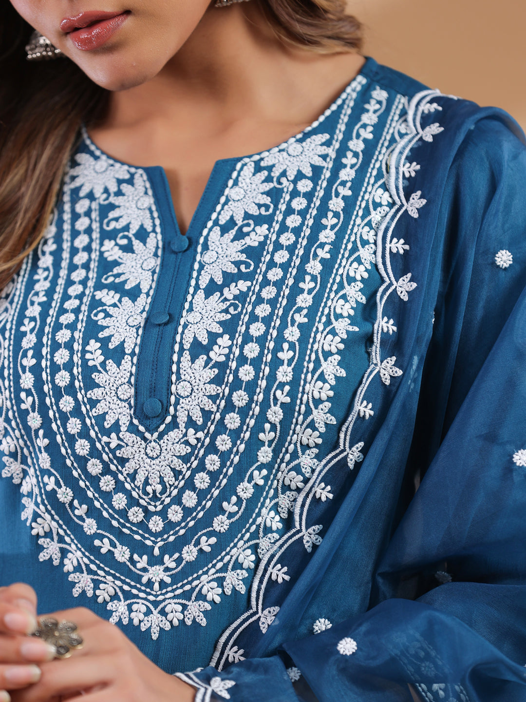 Janasya Dark Silk Blend Embroidered Straight Kurta Set