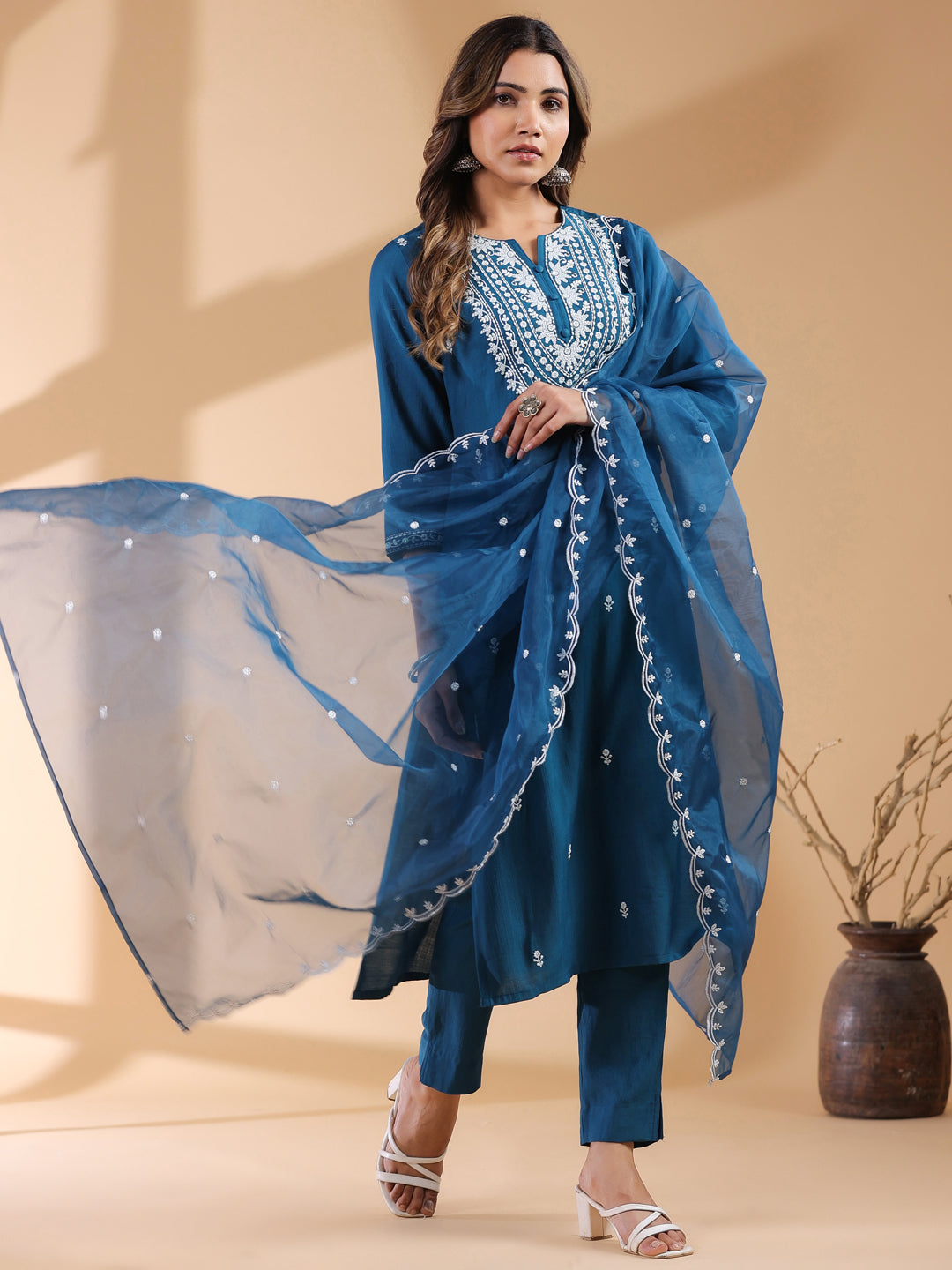 Janasya Dark Silk Blend Embroidered Straight Kurta Set