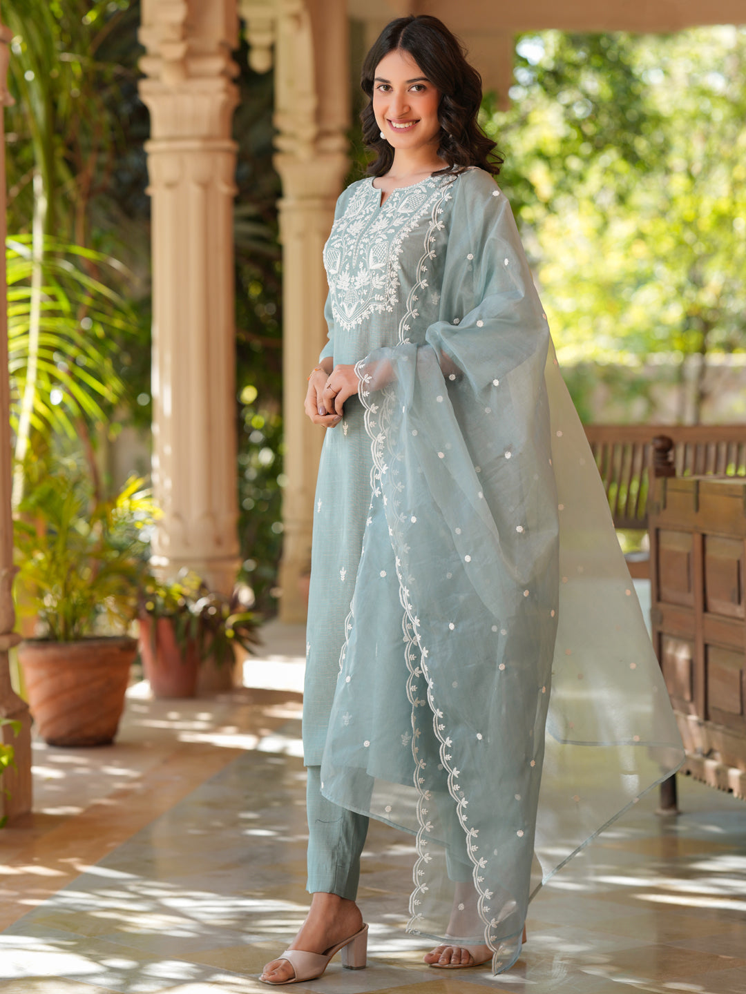 Janasya Light Silk Blend Embroidered Straight Kurta Set