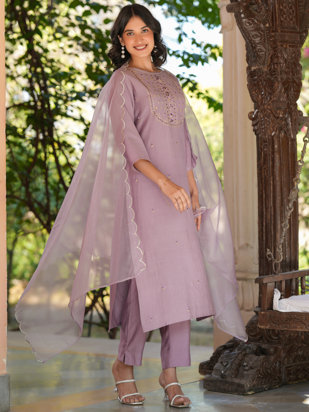 Janasya Light Silk Blend Embroidered Straight Kurta Set