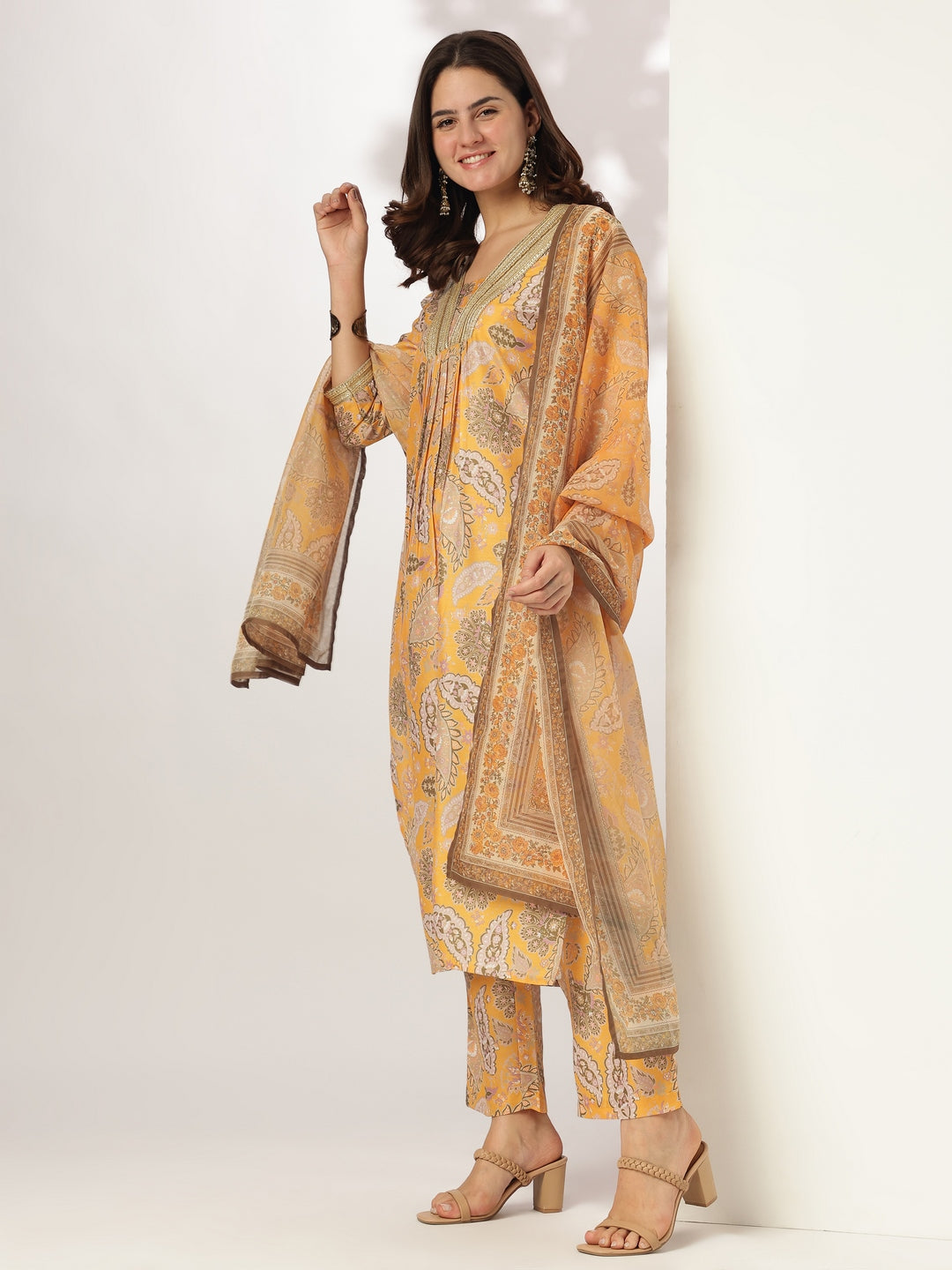 Janasya Bright Silk Blend Floral Straight Kurta Set