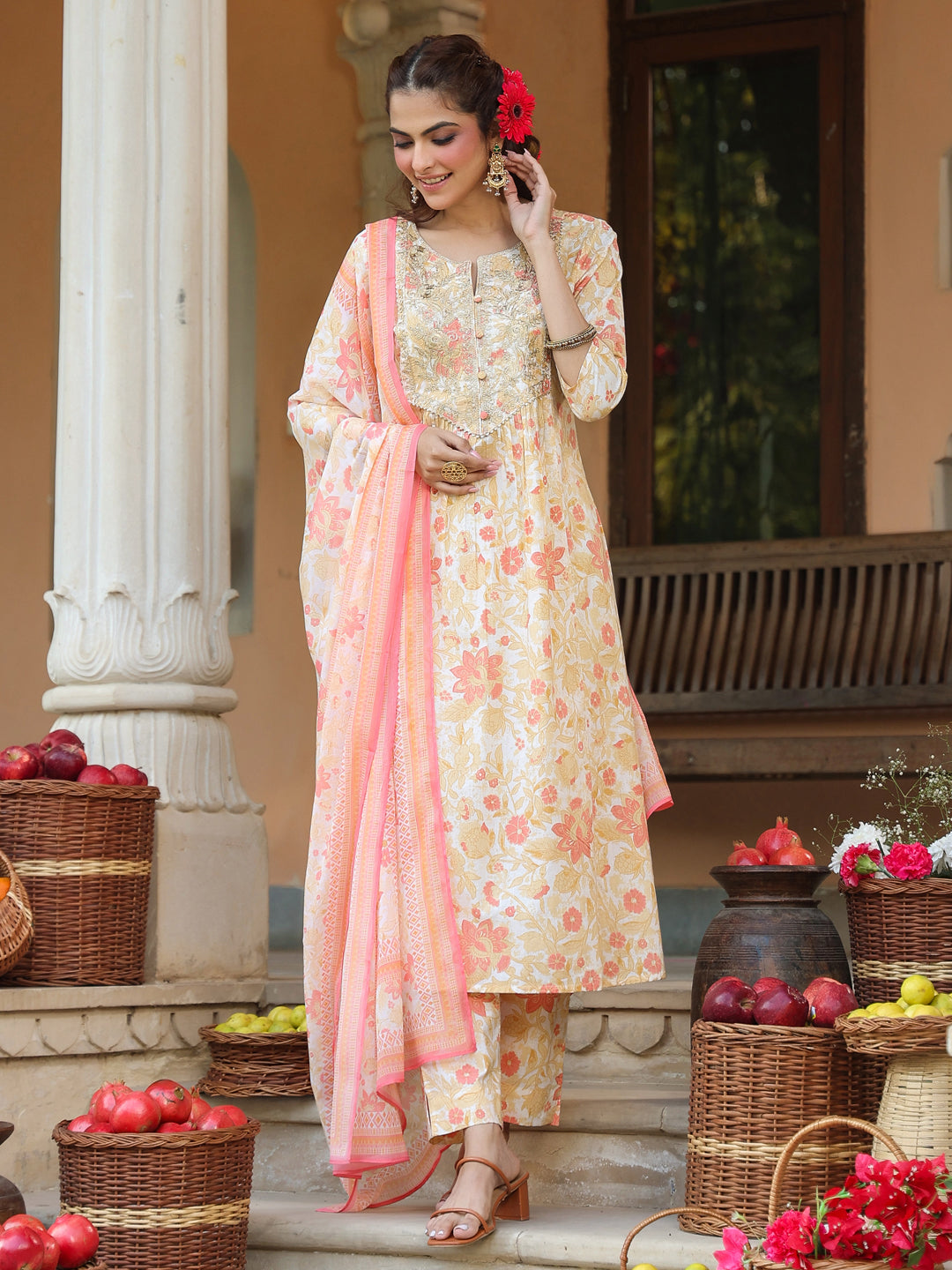 Janasya Light Cotton Floral A-Line Kurta Set