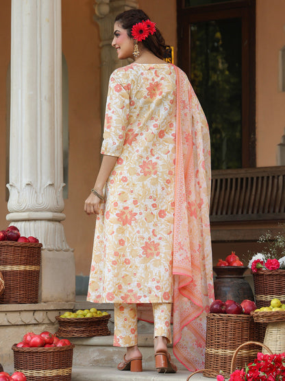 Janasya Light Cotton Floral A-Line Kurta Set