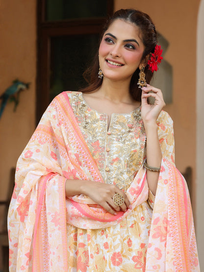 Janasya Light Cotton Floral A-Line Kurta Set