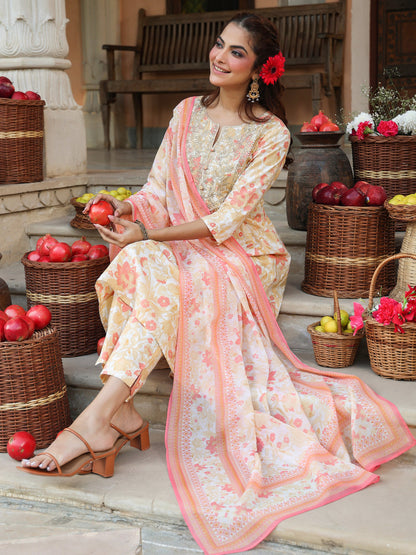 Janasya Light Cotton Floral A-Line Kurta Set