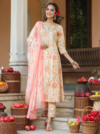 Janasya Light Cotton Floral A-Line Kurta Set