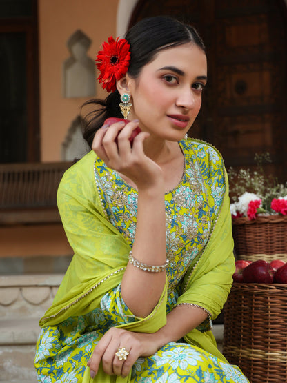 Janasya Bright Cotton Floral A-Line Kurta Set