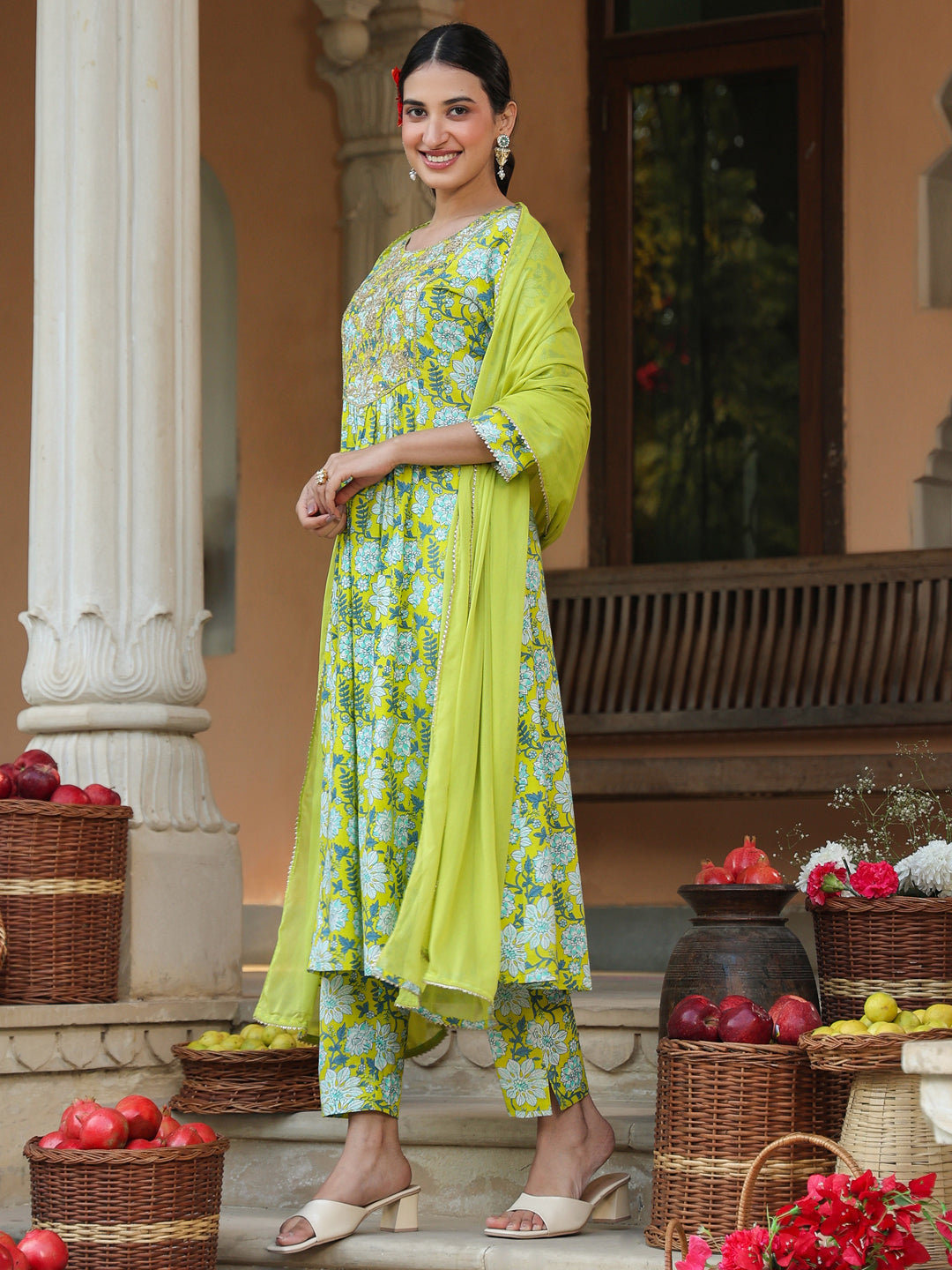 Janasya Bright Cotton Floral A-Line Kurta Set