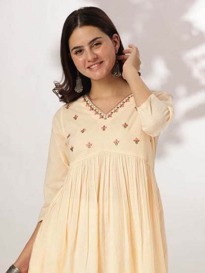 Janasya Light Cotton Yoke Embroidery A-Line Kurta Set