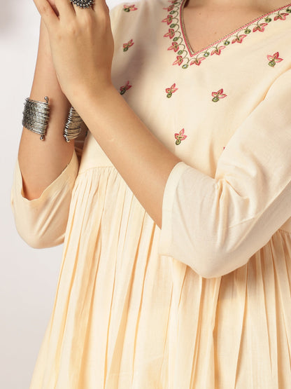 Janasya Light Cotton Yoke Embroidery A-Line Kurta Set