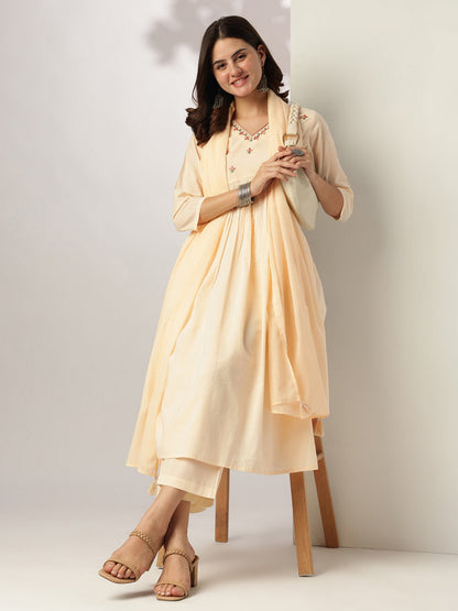 Janasya Light Cotton Yoke Embroidery A-Line Kurta Set