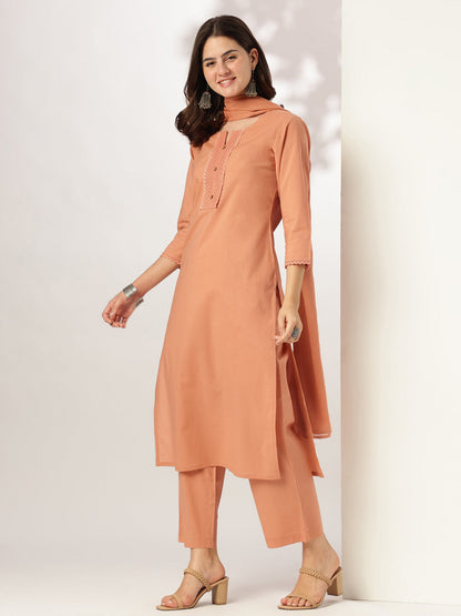 Janasya Dark Cotton Solid Straight Kurta Set