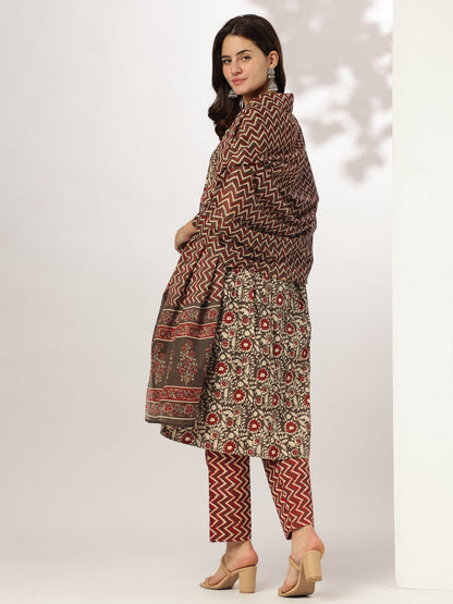 Janasya Dark Cotton Floral A-Line Kurta Set