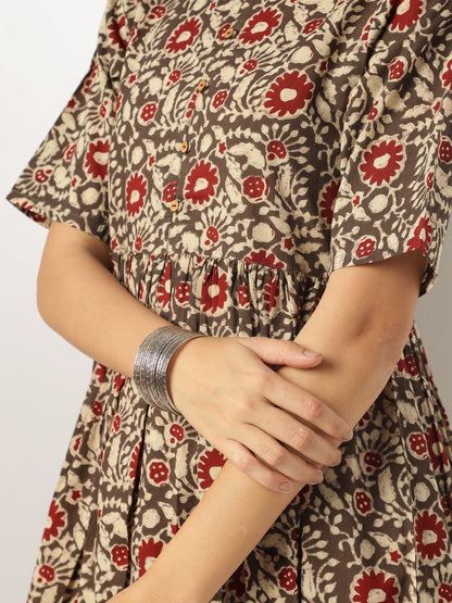 Janasya Dark Cotton Floral A-Line Kurta Set