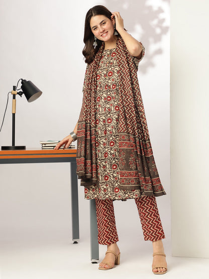 Janasya Dark Cotton Floral A-Line Kurta Set