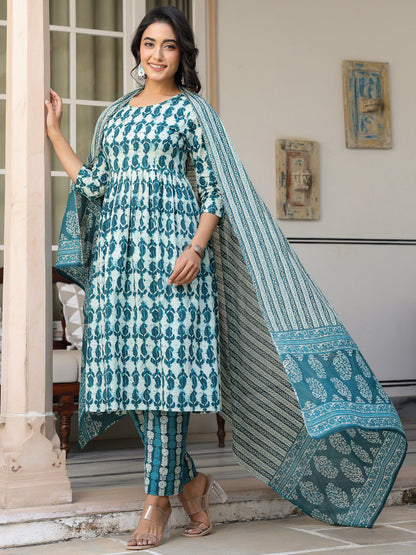Janasya Dark Cotton Abstract A-Line Kurta Set