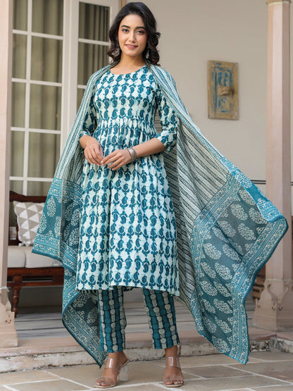 Janasya Dark Cotton Abstract A-Line Kurta Set