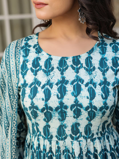 Janasya Dark Cotton Abstract A-Line Kurta Set