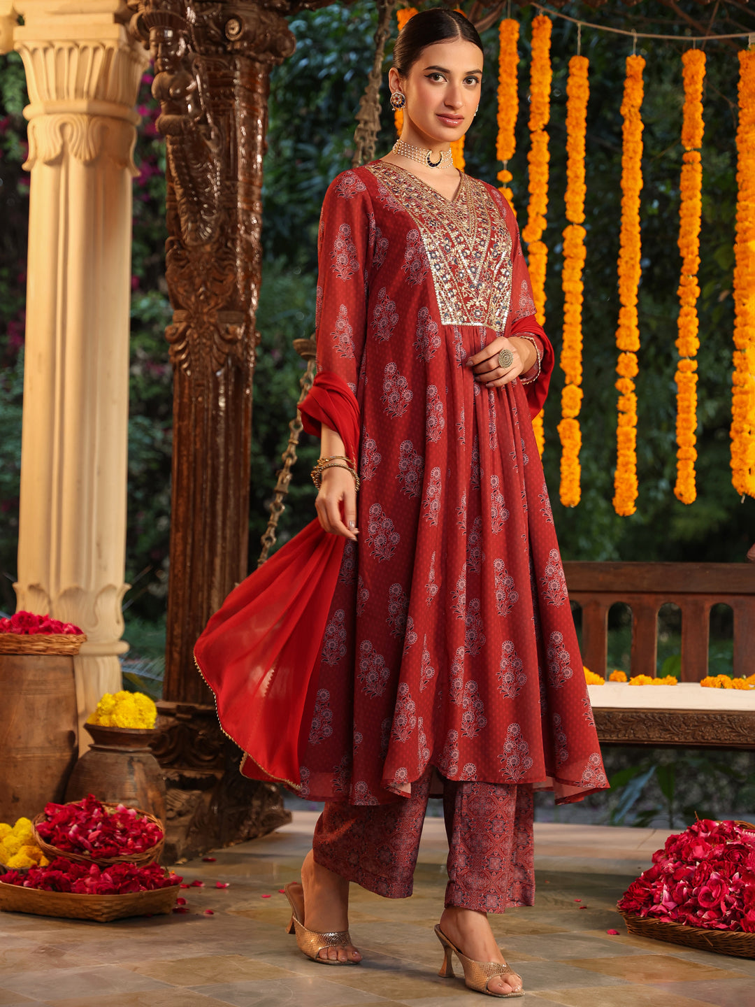 Janasya Dark Georgette Yoke Embroidery A-Line Kurta Set
