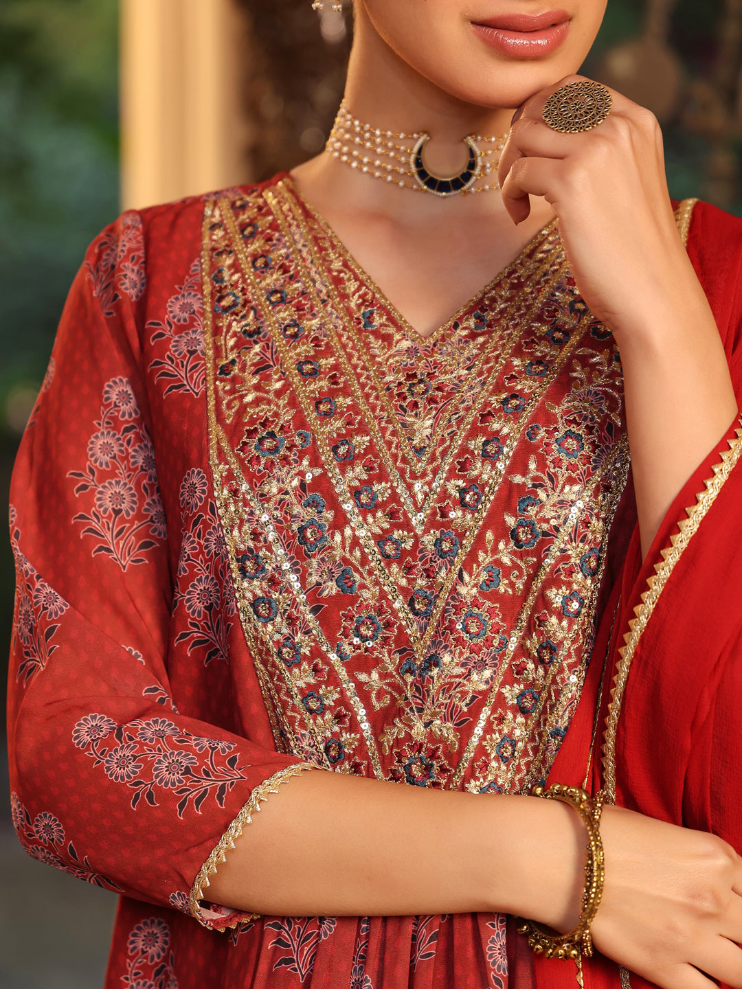 Janasya Dark Georgette Yoke Embroidery A-Line Kurta Set