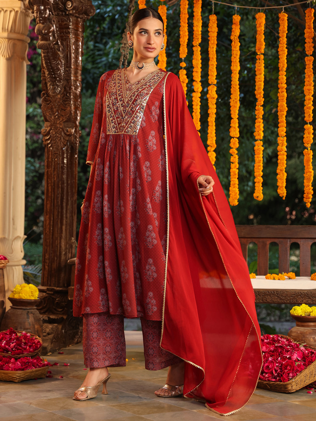 Janasya Dark Georgette Yoke Embroidery A-Line Kurta Set