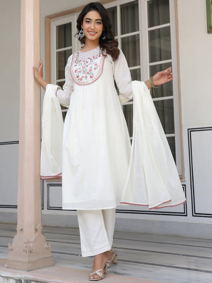 Janasya Light Cotton Yoke Embroidery A-Line Kurta Set