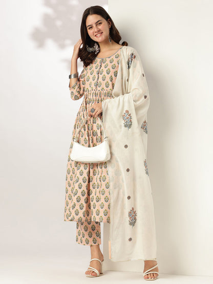 Janasya Light Cotton Floral A-Line Kurta Set