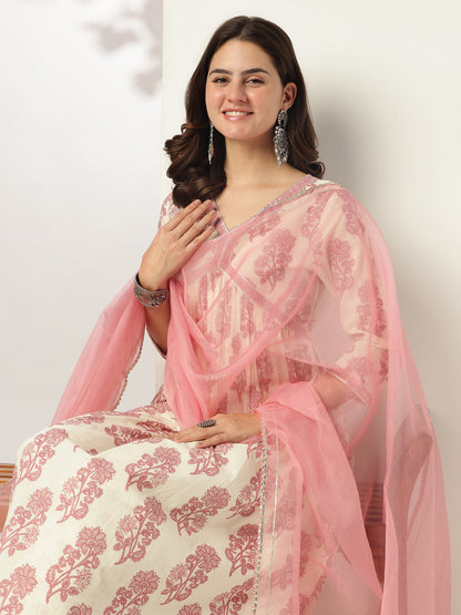 Janasya Light Cotton Floral A-Line Kurta Set