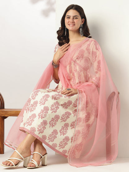 Janasya Light Cotton Floral A-Line Kurta Set