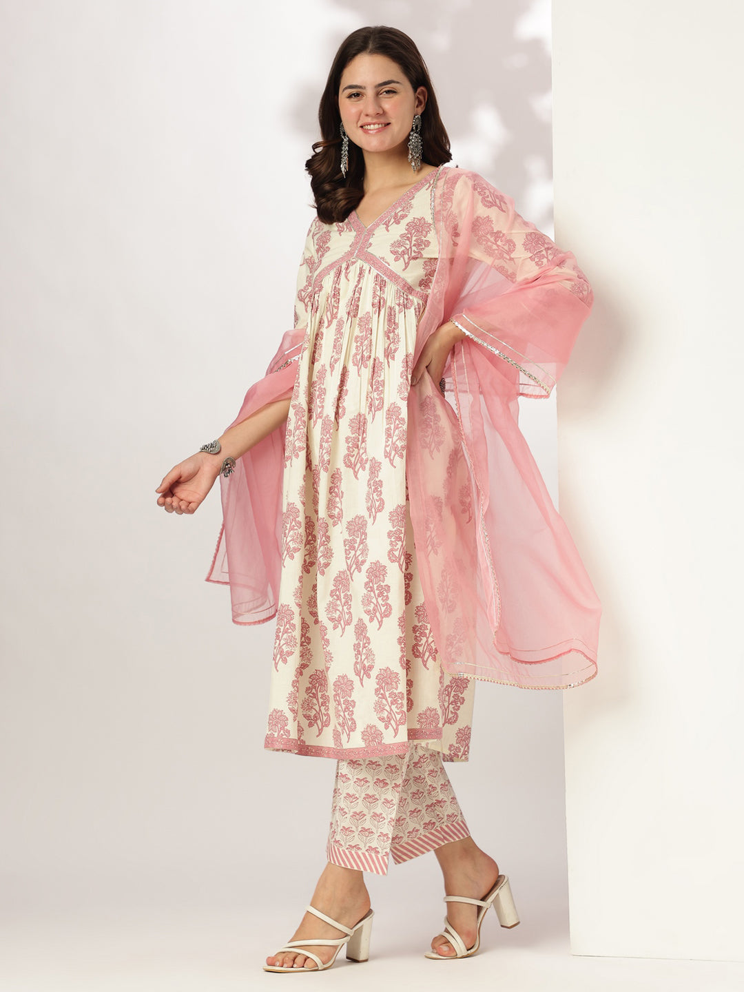 Janasya Light Cotton Floral A-Line Kurta Set