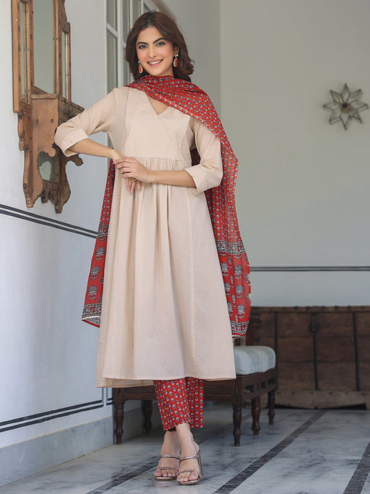 Janasya Light Cotton Solid A-Line Kurta Set