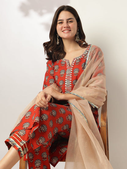 Janasya Bright Cotton Floral Straight Kurta Set