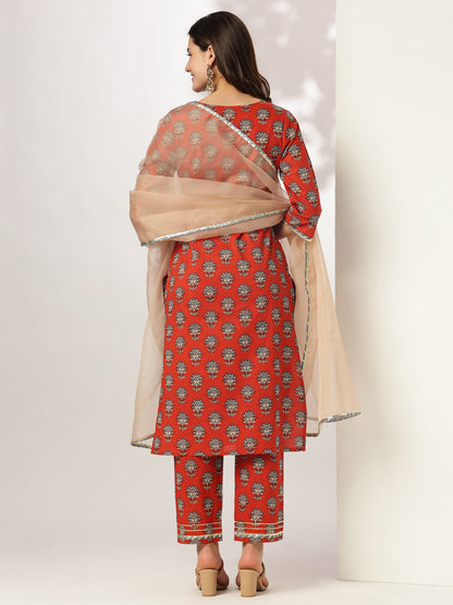 Janasya Bright Cotton Floral Straight Kurta Set