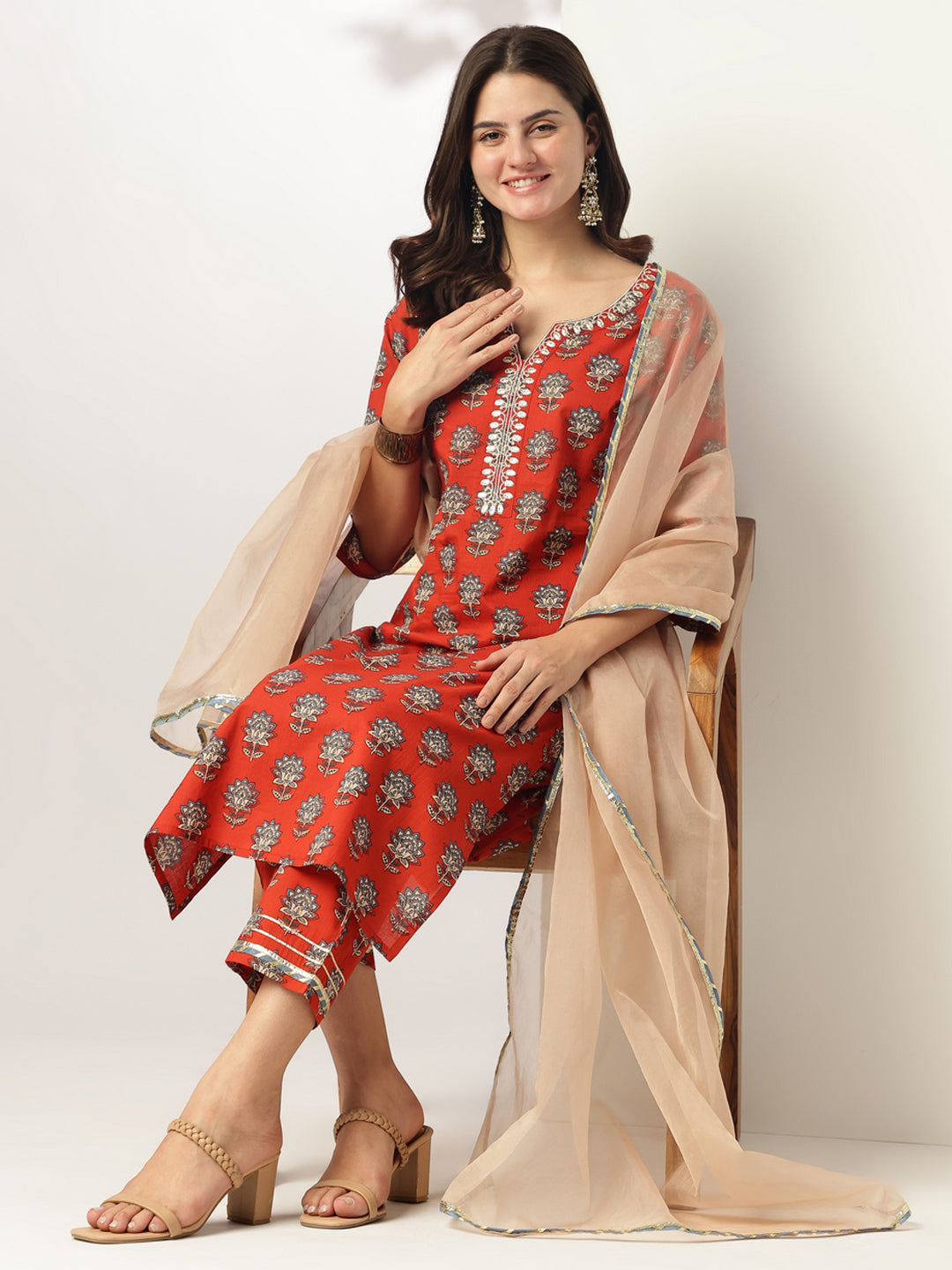 Janasya Bright Cotton Floral Straight Kurta Set