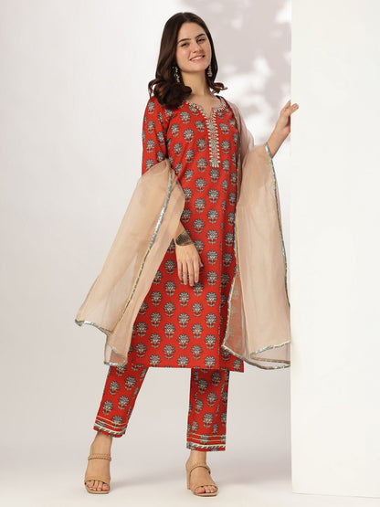 Janasya Bright Cotton Floral Straight Kurta Set
