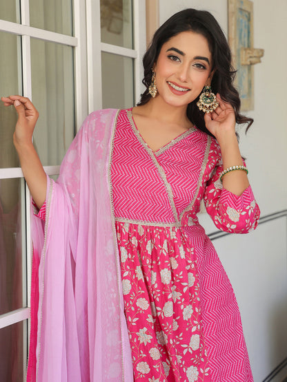 Janasya Bright Cotton Floral A-Line Kurta Set