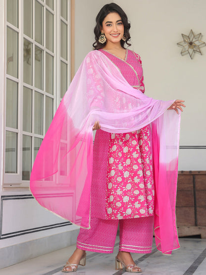 Janasya Bright Cotton Floral A-Line Kurta Set