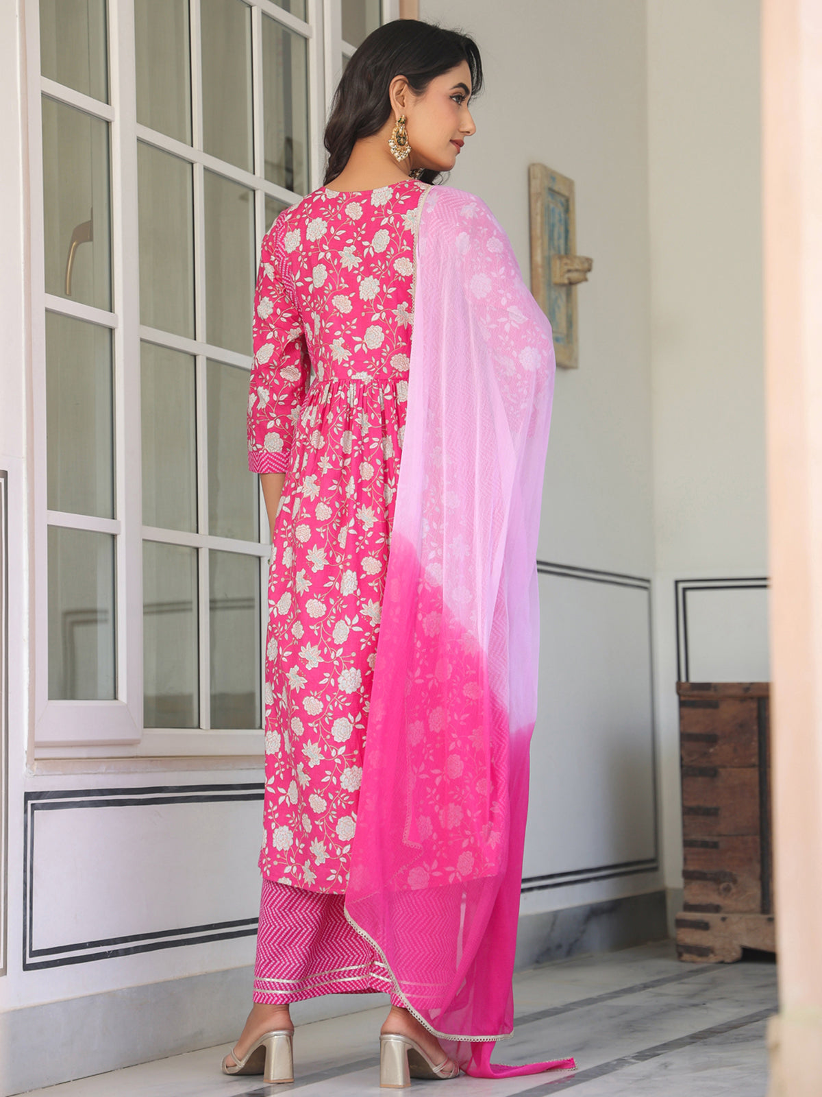Janasya Bright Cotton Floral A-Line Kurta Set