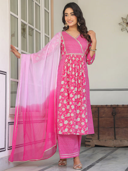Janasya Bright Cotton Floral A-Line Kurta Set
