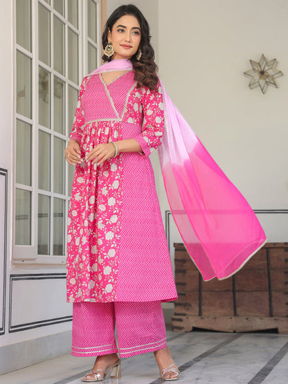 Janasya Bright Cotton Floral A-Line Kurta Set