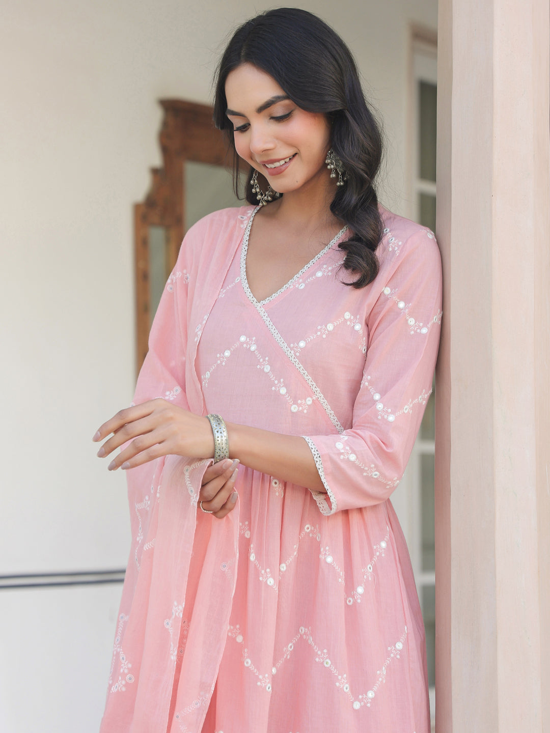Janasya Light Cotton Embroidered A-Line Kurta Set