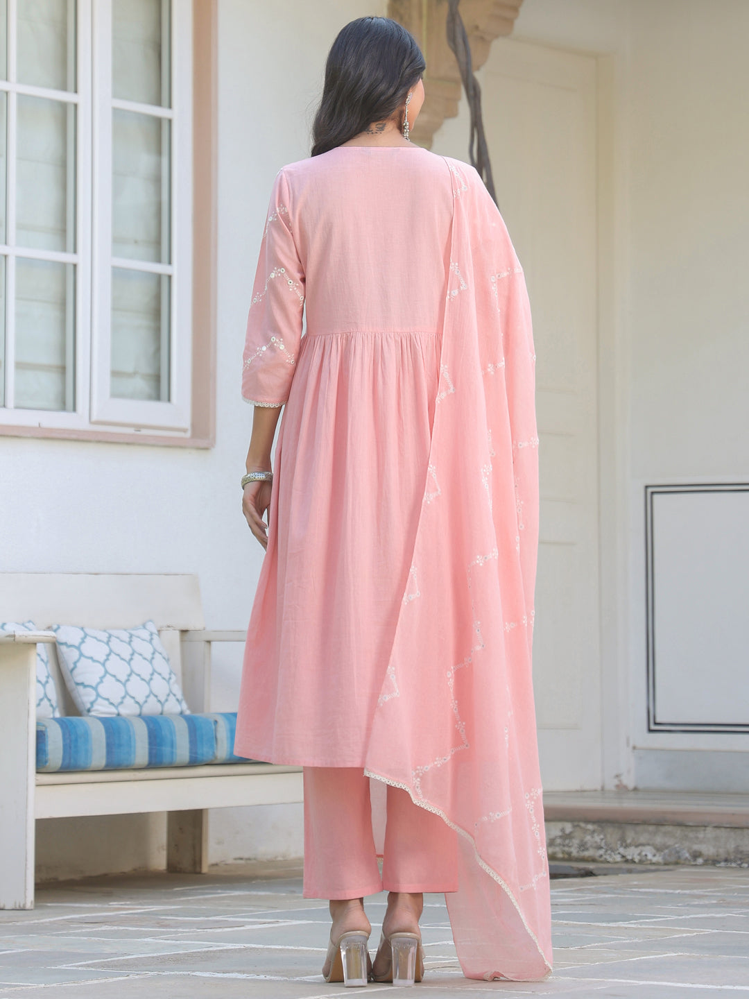 Janasya Light Cotton Embroidered A-Line Kurta Set