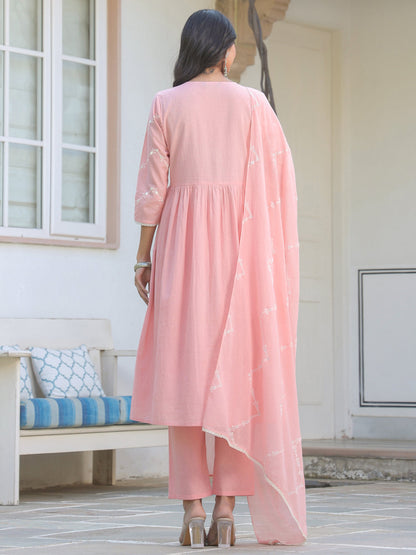 Janasya Light Cotton Embroidered A-Line Kurta Set