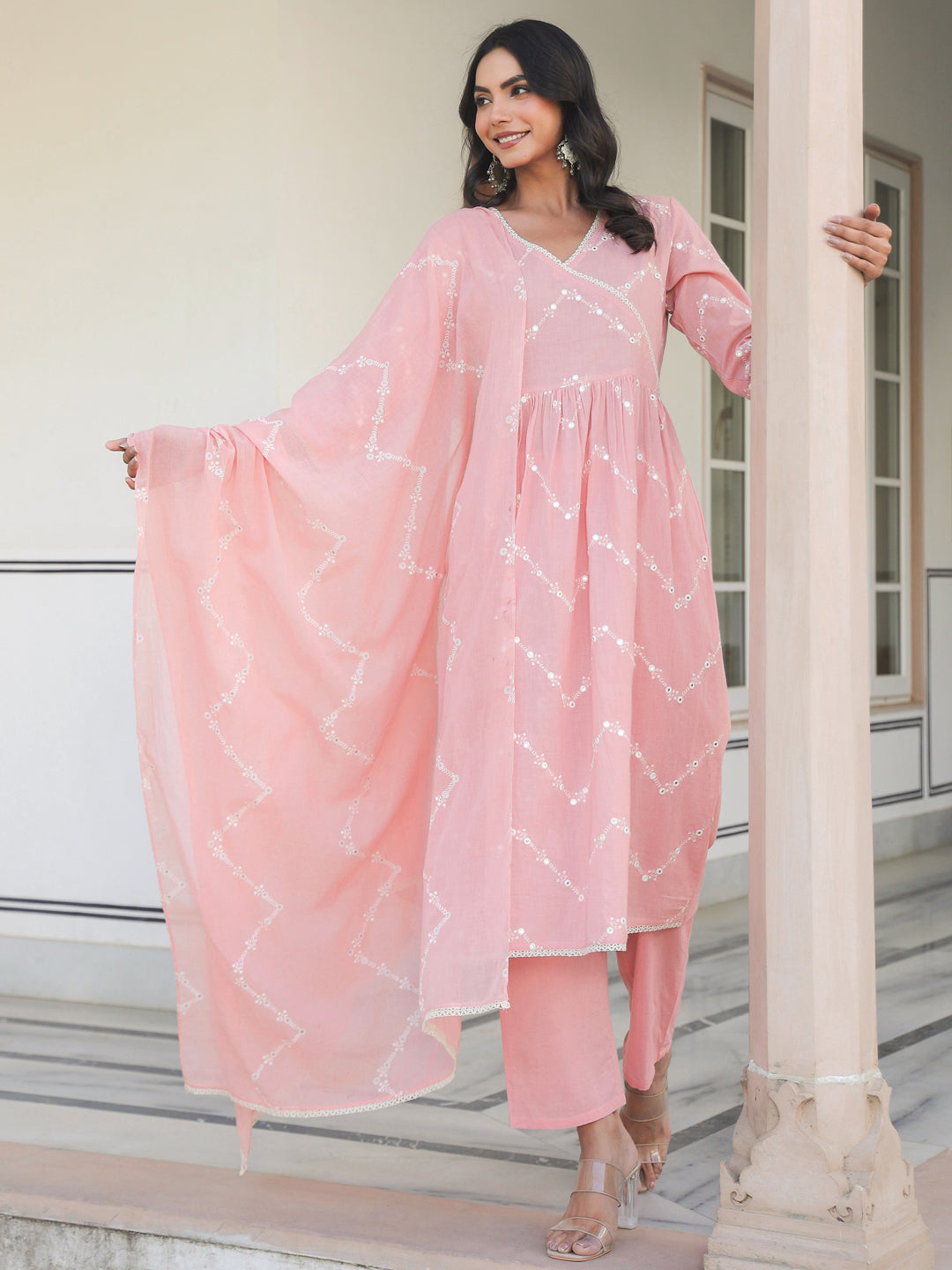 Janasya Light Cotton Embroidered A-Line Kurta Set