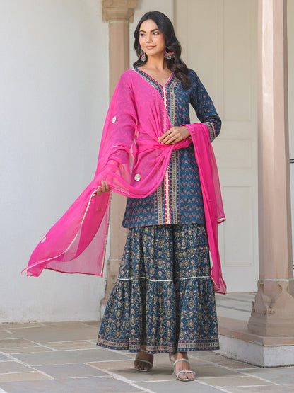 Janasya Dark Cotton Ethnic Motifs A-Line Kurta Set