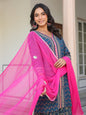Janasya Dark Cotton Ethnic Motifs A-Line Kurta Set