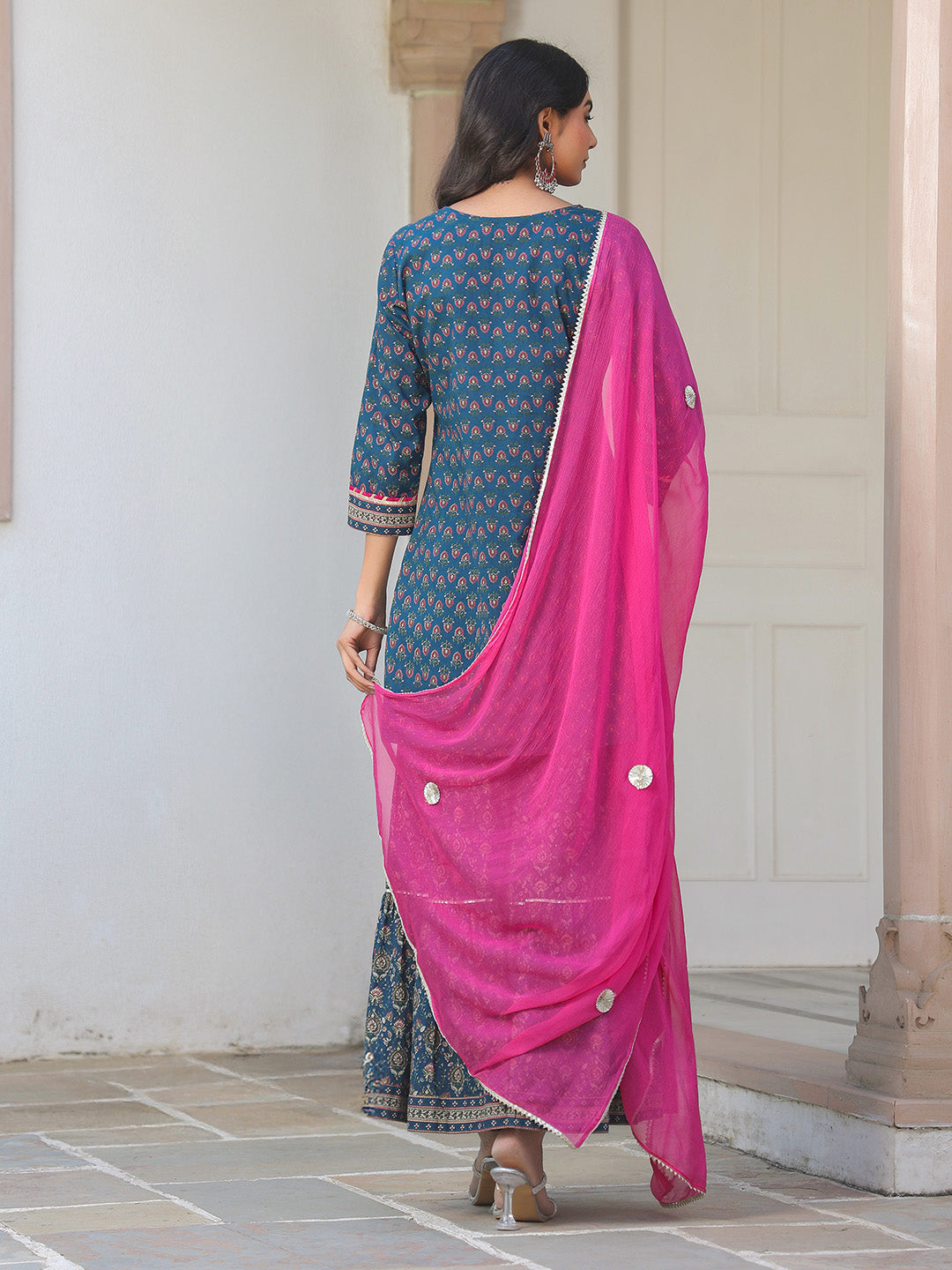 Janasya Dark Cotton Ethnic Motifs A-Line Kurta Set