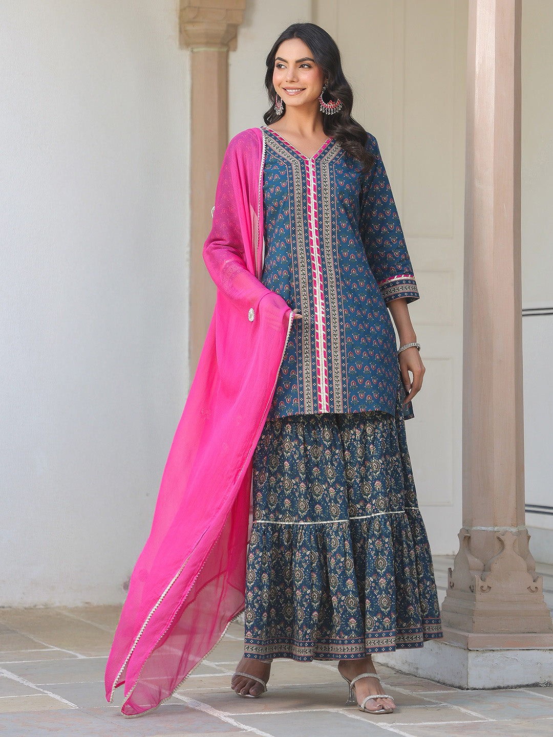 Janasya Dark Cotton Ethnic Motifs A-Line Kurta Set