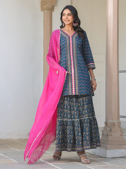 Janasya Dark Cotton Ethnic Motifs A-Line Kurta Set
